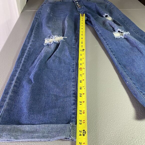 Womens Jeans Button Fly Distressed Cuffed Hem Cropped High Rise Denim Dark L - Picture 5 of 8